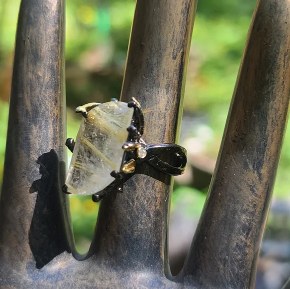 11k Gold rutilated quartz Amethyst & Aquamarine Sterling ring sz8 - Picture 5 of 6